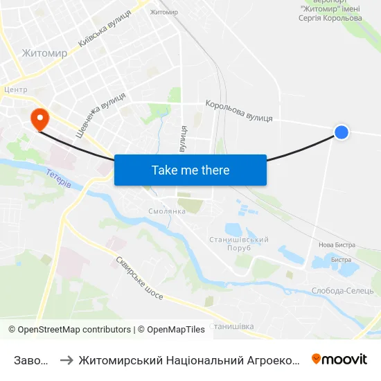 Завод Хімволокно to Житомирський Національний Агроекологічний Університет / Zhytomyr National Agroecological University map