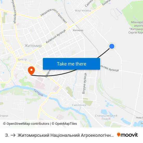 Зок to Житомирський Національний Агроекологічний Університет / Zhytomyr National Agroecological University map