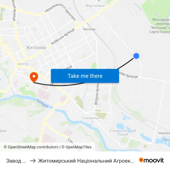 Завод Вібросепаратор to Житомирський Національний Агроекологічний Університет / Zhytomyr National Agroecological University map
