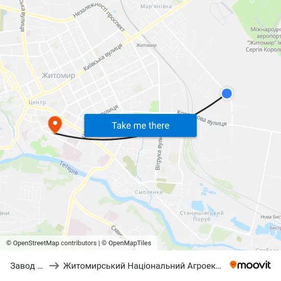 Завод Вібросепаратор to Житомирський Національний Агроекологічний Університет / Zhytomyr National Agroecological University map