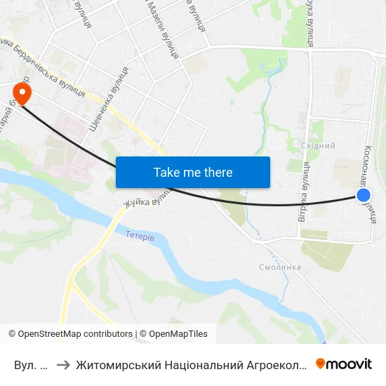 Вул. Кибальчича to Житомирський Національний Агроекологічний Університет / Zhytomyr National Agroecological University map