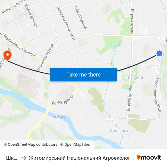 Школа №30 to Житомирський Національний Агроекологічний Університет / Zhytomyr National Agroecological University map