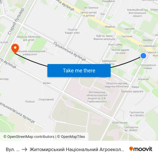 Вул. Шевченка to Житомирський Національний Агроекологічний Університет / Zhytomyr National Agroecological University map