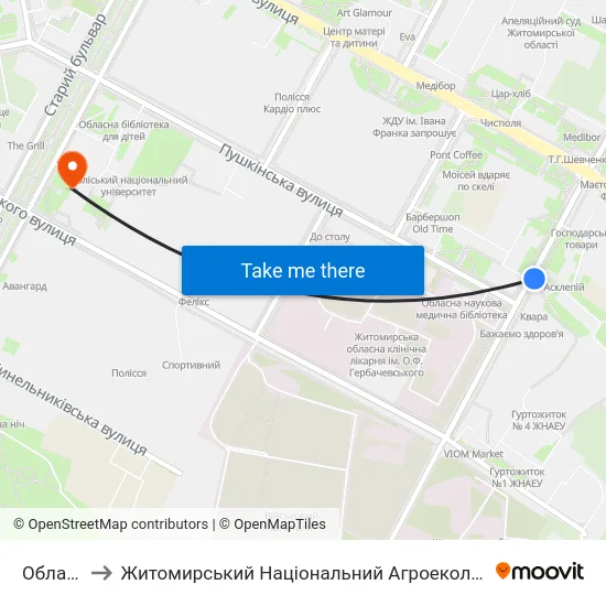 Обласна Лікарня to Житомирський Національний Агроекологічний Університет / Zhytomyr National Agroecological University map