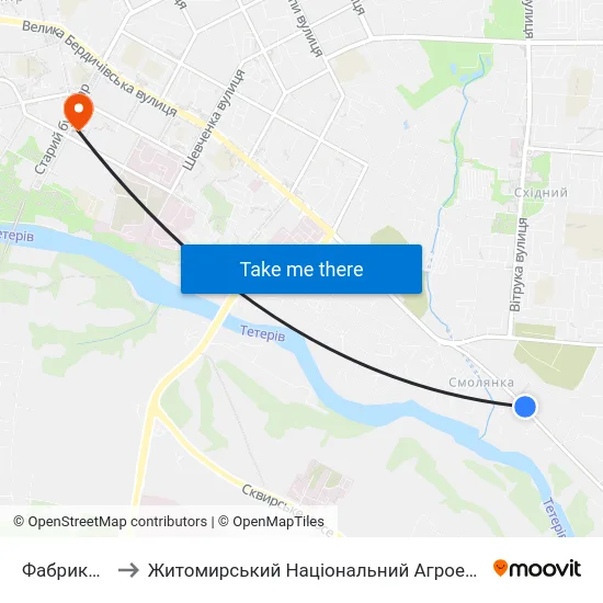 Фабрика Хутряних Виробів to Житомирський Національний Агроекологічний Університет / Zhytomyr National Agroecological University map