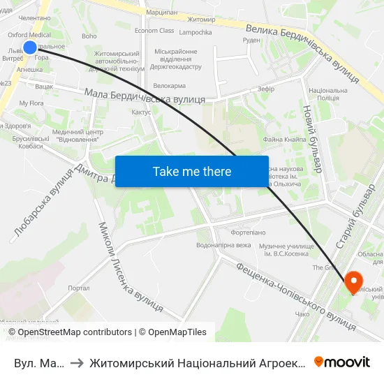 Вул. Мала Бердичівська to Житомирський Національний Агроекологічний Університет / Zhytomyr National Agroecological University map