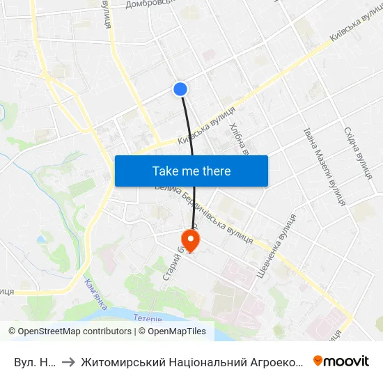Вул. Небесної Сотні to Житомирський Національний Агроекологічний Університет / Zhytomyr National Agroecological University map