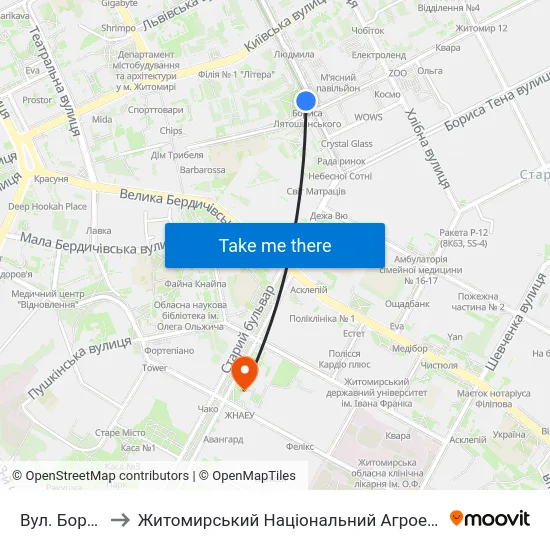 Вул. Бориса Лятошинського to Житомирський Національний Агроекологічний Університет / Zhytomyr National Agroecological University map