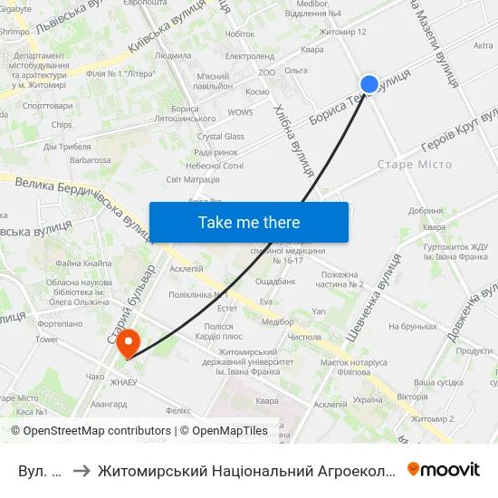 Вул. Шелушкова to Житомирський Національний Агроекологічний Університет / Zhytomyr National Agroecological University map