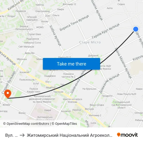 Вул. Шевченка to Житомирський Національний Агроекологічний Університет / Zhytomyr National Agroecological University map