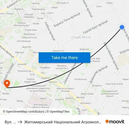 Вул. Шевченка to Житомирський Національний Агроекологічний Університет / Zhytomyr National Agroecological University map