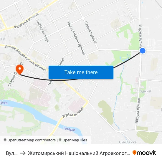 Вул. Вітрука to Житомирський Національний Агроекологічний Університет / Zhytomyr National Agroecological University map