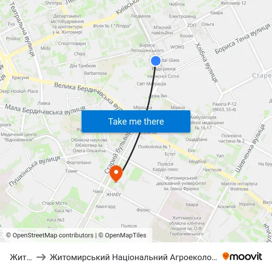 Житній Ринок to Житомирський Національний Агроекологічний Університет / Zhytomyr National Agroecological University map