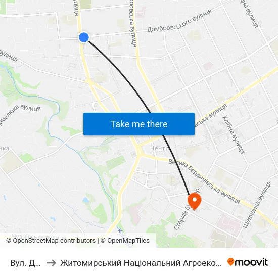 Вул. Домбровського to Житомирський Національний Агроекологічний Університет / Zhytomyr National Agroecological University map
