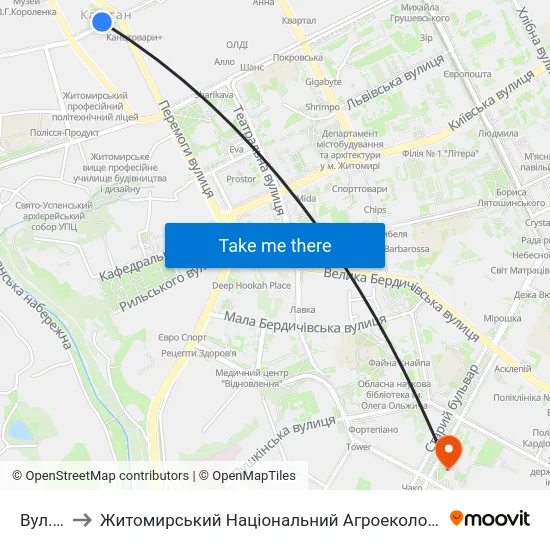 Вул. Ольжича to Житомирський Національний Агроекологічний Університет / Zhytomyr National Agroecological University map