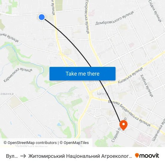 Вул. Чехова to Житомирський Національний Агроекологічний Університет / Zhytomyr National Agroecological University map