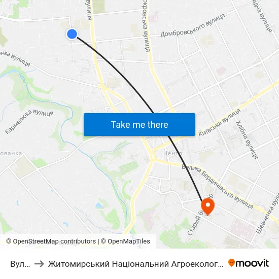 Вул. Чехова to Житомирський Національний Агроекологічний Університет / Zhytomyr National Agroecological University map