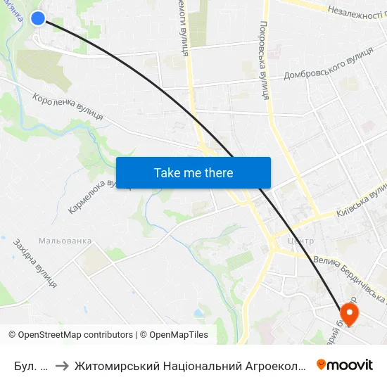 Бул. Польський to Житомирський Національний Агроекологічний Університет / Zhytomyr National Agroecological University map