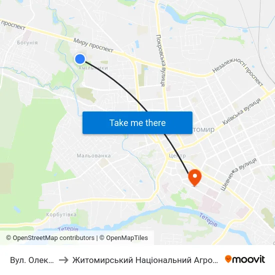 Вул. Олександра Клосовського to Житомирський Національний Агроекологічний Університет / Zhytomyr National Agroecological University map