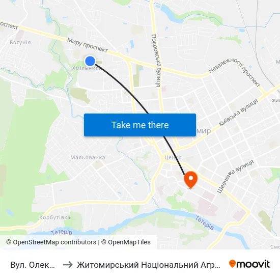 Вул. Олександра Клосовського 10 to Житомирський Національний Агроекологічний Університет / Zhytomyr National Agroecological University map