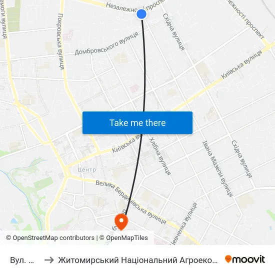 Вул. Мануїльського to Житомирський Національний Агроекологічний Університет / Zhytomyr National Agroecological University map