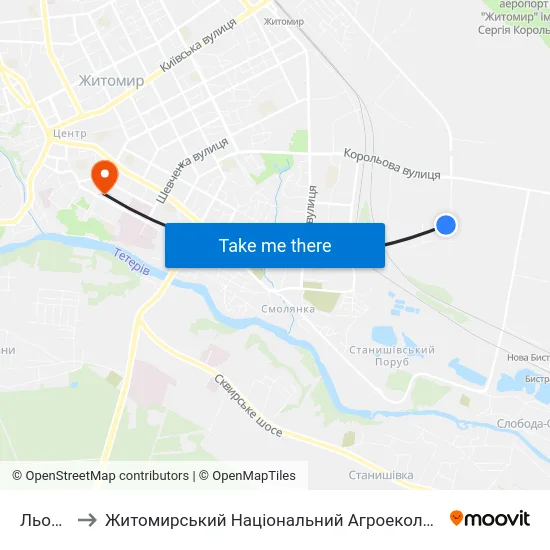 Льонокомбінат to Житомирський Національний Агроекологічний Університет / Zhytomyr National Agroecological University map