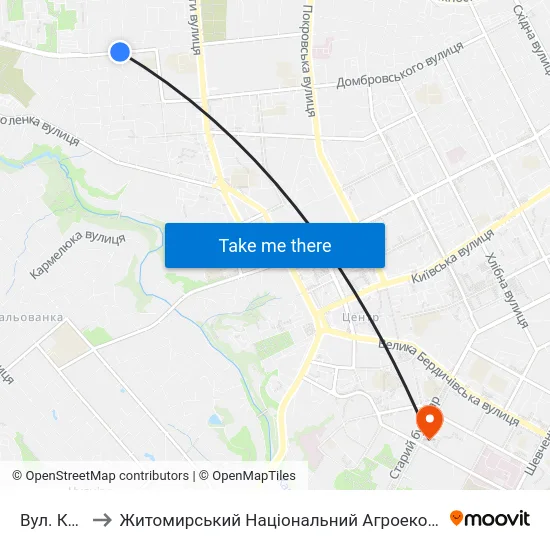 Вул. Котляревського to Житомирський Національний Агроекологічний Університет / Zhytomyr National Agroecological University map
