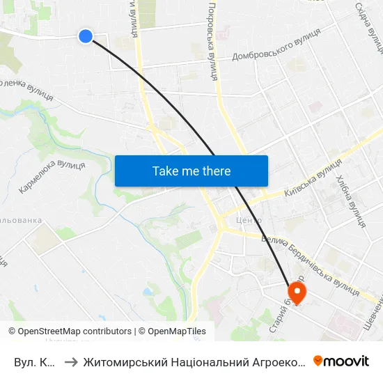 Вул. Котляревського to Житомирський Національний Агроекологічний Університет / Zhytomyr National Agroecological University map