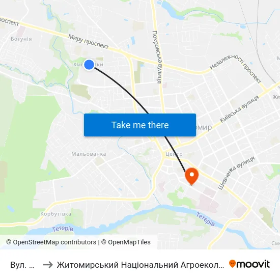 Вул. Маликова 30 to Житомирський Національний Агроекологічний Університет / Zhytomyr National Agroecological University map