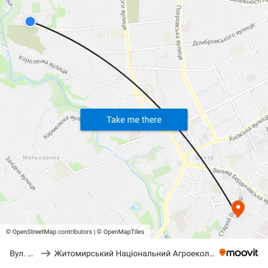 Вул. Маликова 16 to Житомирський Національний Агроекологічний Університет / Zhytomyr National Agroecological University map