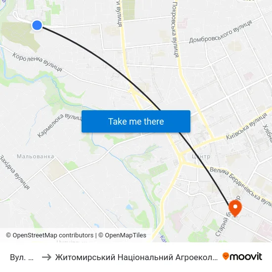 Вул. Маликова 12 to Житомирський Національний Агроекологічний Університет / Zhytomyr National Agroecological University map