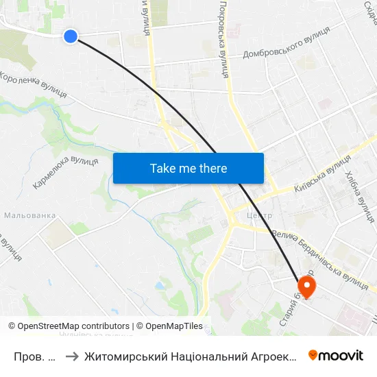 Пров. 1-Й Винокурний to Житомирський Національний Агроекологічний Університет / Zhytomyr National Agroecological University map