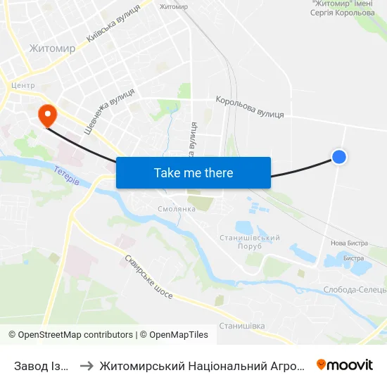 Завод Ізоляційних Матеріалів to Житомирський Національний Агроекологічний Університет / Zhytomyr National Agroecological University map