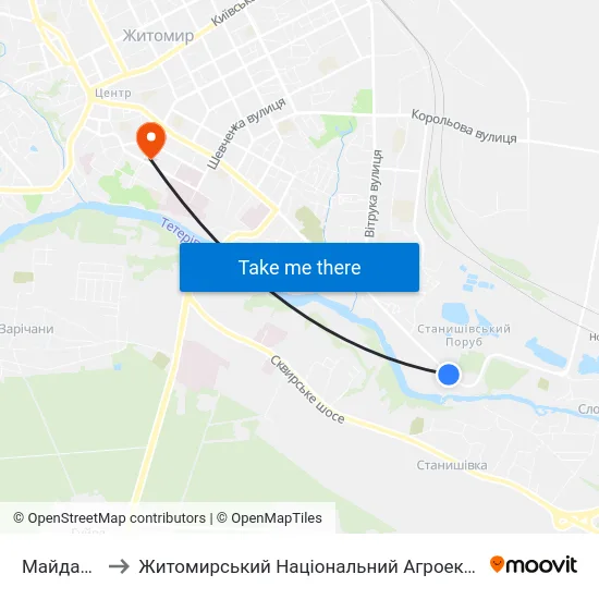 Майдан Станишівський to Житомирський Національний Агроекологічний Університет / Zhytomyr National Agroecological University map