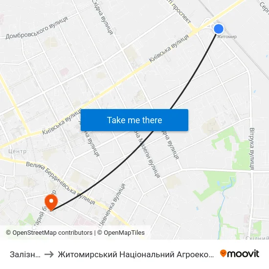 Залізничний Вокзал to Житомирський Національний Агроекологічний Університет / Zhytomyr National Agroecological University map