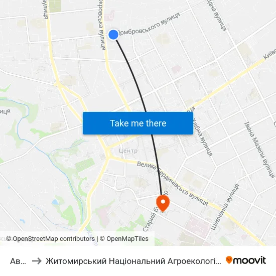 Автоцентр to Житомирський Національний Агроекологічний Університет / Zhytomyr National Agroecological University map