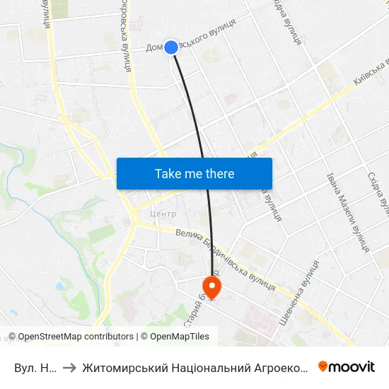 Вул. Небесної Сотні to Житомирський Національний Агроекологічний Університет / Zhytomyr National Agroecological University map