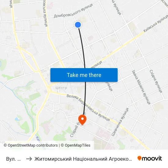 Вул. Лесі Українки to Житомирський Національний Агроекологічний Університет / Zhytomyr National Agroecological University map