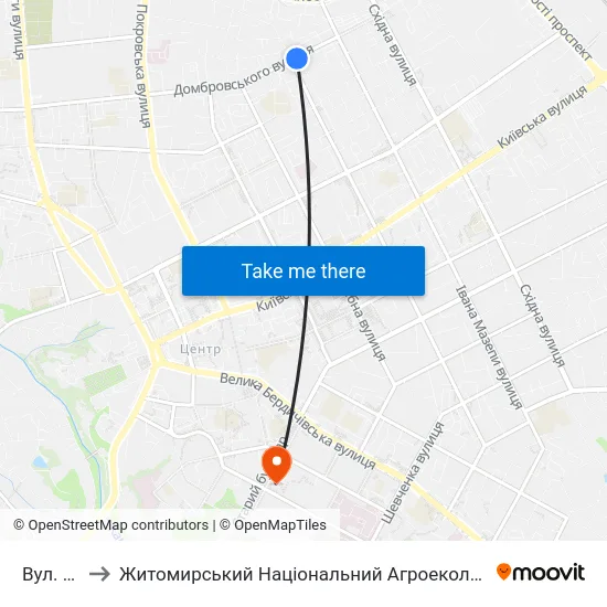 Вул. Шелушкова to Житомирський Національний Агроекологічний Університет / Zhytomyr National Agroecological University map