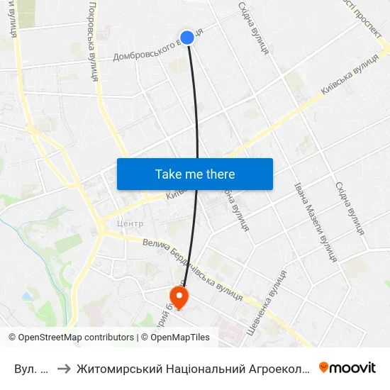 Вул. Шелушкова to Житомирський Національний Агроекологічний Університет / Zhytomyr National Agroecological University map