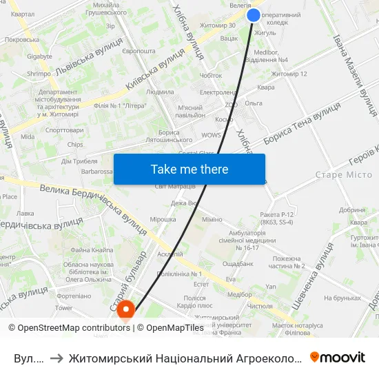 Вул. Київська to Житомирський Національний Агроекологічний Університет / Zhytomyr National Agroecological University map