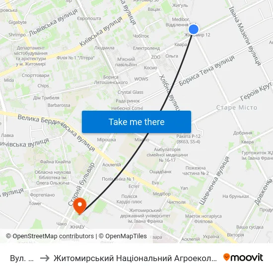 Вул. Гоголівська to Житомирський Національний Агроекологічний Університет / Zhytomyr National Agroecological University map