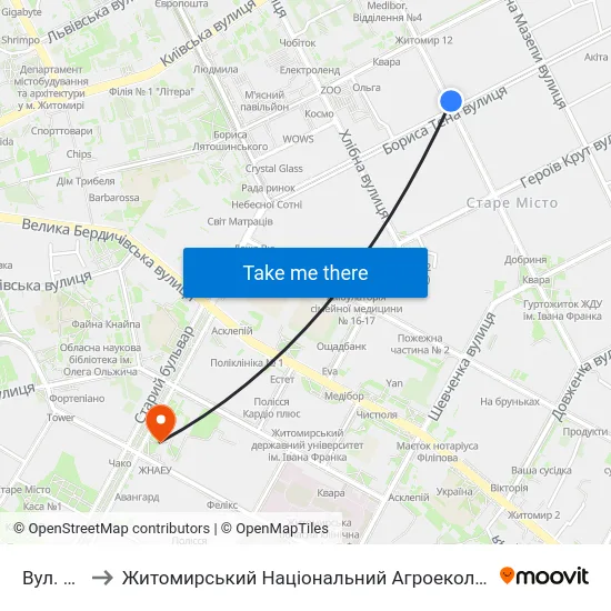 Вул. Бориса Тена to Житомирський Національний Агроекологічний Університет / Zhytomyr National Agroecological University map