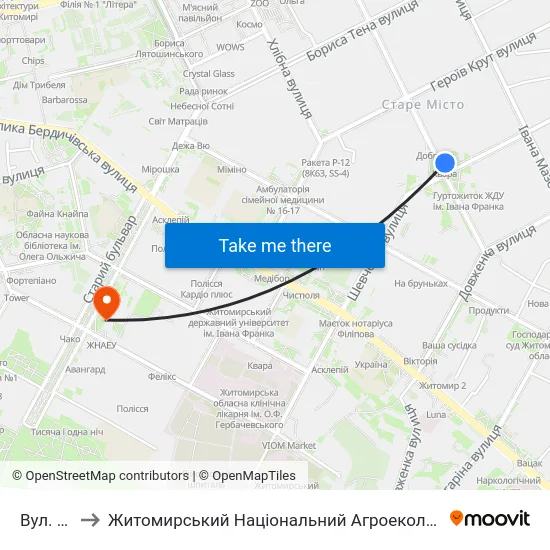 Вул. Шелушкова to Житомирський Національний Агроекологічний Університет / Zhytomyr National Agroecological University map