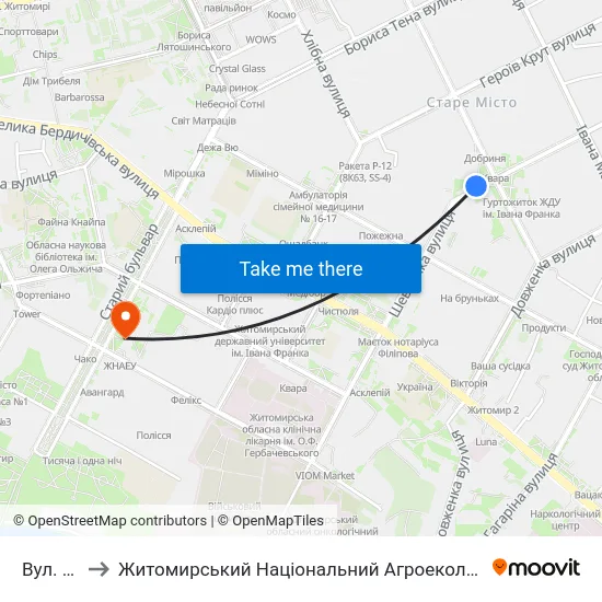 Вул. Шелушкова to Житомирський Національний Агроекологічний Університет / Zhytomyr National Agroecological University map