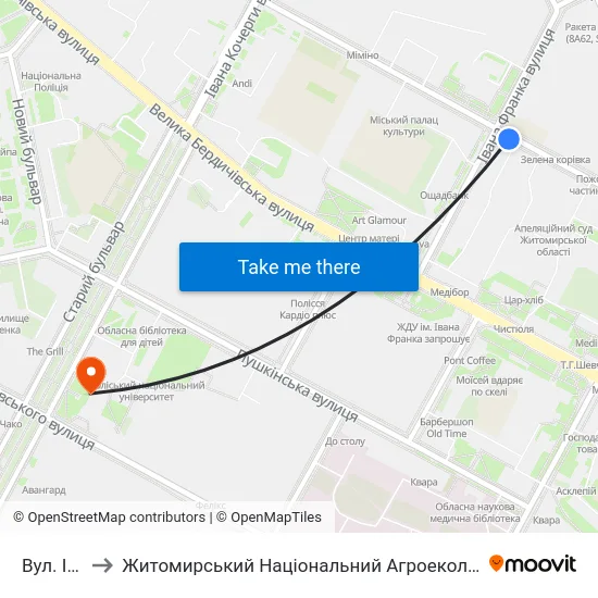 Вул. Івана Франка to Житомирський Національний Агроекологічний Університет / Zhytomyr National Agroecological University map