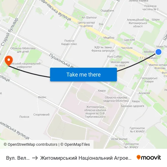 Вул. Велика Бердичівська to Житомирський Національний Агроекологічний Університет / Zhytomyr National Agroecological University map