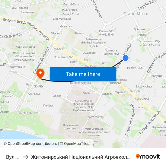 Вул. Шевченка to Житомирський Національний Агроекологічний Університет / Zhytomyr National Agroecological University map