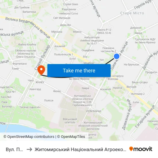 Вул. Першого Травня to Житомирський Національний Агроекологічний Університет / Zhytomyr National Agroecological University map
