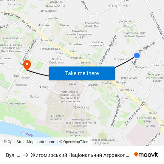 Вул. Довженка to Житомирський Національний Агроекологічний Університет / Zhytomyr National Agroecological University map